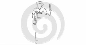 Self drawing line animation male farmer holding pitchfork continuous line drawn concept video