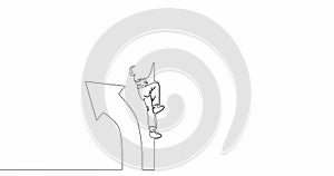 Self drawing line animation male worker climbing to reach business goal arrow continuous line drawn concept video