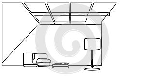 Self drawing line animation of open space living room area with sofa and floor lamp
