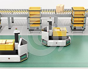 Self driving AGV with forklift carrying container box beside conveyor