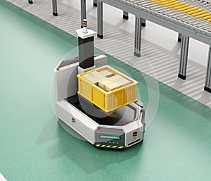 Self driving AGV with forklift carrying container box beside conveyor photo