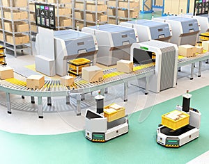 Self driving AGV with forklift carrying container box near to conveyor