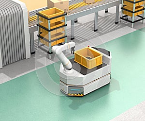 Self driving AGV with robotic arm moving beside conveyor photo