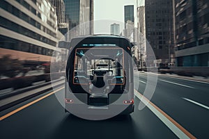Self driving bus. Autonomous bus driving in city.