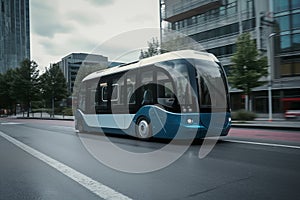 Self driving bus. Autonomous bus driving in city.
