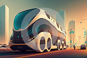 self-driving bus transporting passengers to their destination in futuristic city