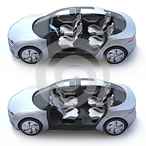 Self-driving car 3d concept, autonomous vehicle with rotating seats, electric car 3d rendering