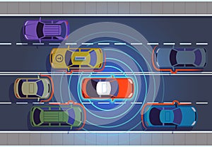 Self driving car. Automotive cars futuristic technology remote top view automobile autonomous smart vehicle autonomic