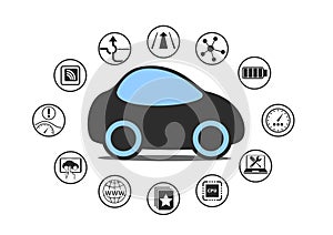 Self driving car and autonomous vehicle concept. Icon of driverless car with sensors like lane assistance, head up display.