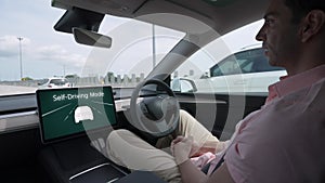 Self driving car or autonomous vehicle travel on speed highway. Fastidious