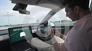 Self driving car or autonomous vehicle travel on speed highway. Fastidious