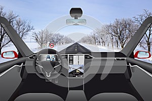 Self driving car without driver on a winter road