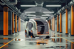Self-driving car on empty undeground parking, future transport concept photo