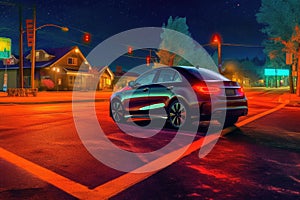 self-driving car on illuminated smart road at night