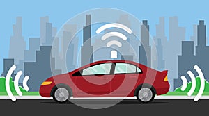 Self driving car illustration with red color on the road