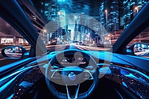 Self driving car at night city landscape.AI generated