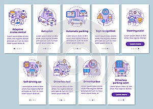 Self-driving car onboarding mobile app page screen set with linear concepts. Driverless car features, industry