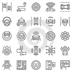 Self-Driving car outline icons set. Vector Driverless Car symbols