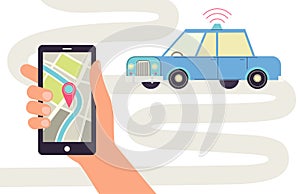 Self-driving car, phone with navigator.