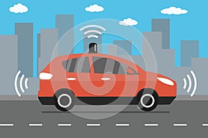 Self Driving car on road,modern red auto on city background