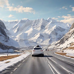 self-driving car on road in mountain valley