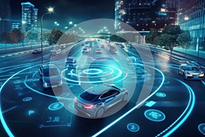 Self - driving car driving on road in night photo