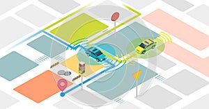 Self driving cars vector illustration. Example with self driving vehicles.