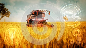 Self-driving combine harvester working on the countryside field - industrial 3D illustration with digital overlays