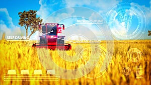 Self-driving combine harvester working on the rural field - industrial 3D illustration with digital overlays