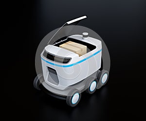 Self-driving delivery robot on black background