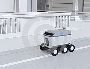 Self-driving delivery robot moving on the street