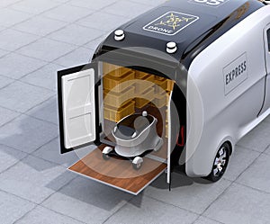 Self-driving delivery robot on van& x27;s tail lift