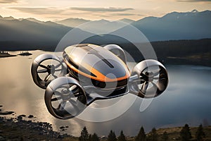 Self-driving passenger drone flying in the sky, flying car