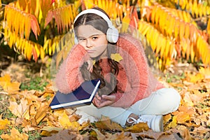 Self education concept. Child enjoy reading. Visual and audio information. Schoolgirl study. Study every day. Girl read
