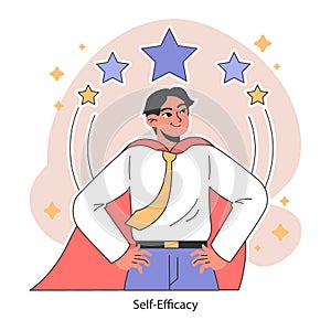 Self-Efficacy concept. Confident man with a cape stands tall. Increasing