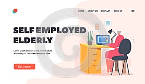 Self Employed Elderly Landing Page Template. Woman Use Computer for Distant Freelance Job. Senior Lady Work on Laptop