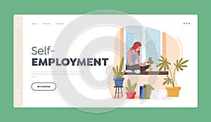 Self-Employment Landing Page Template. Homeworking Place, House Office. Freelancer Character Sitting on Windowsill photo