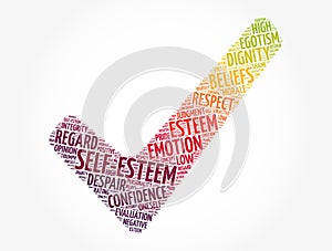 Self-esteem check mark word cloud, concept background