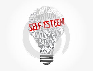 Self-esteem light bulb word cloud, concept background