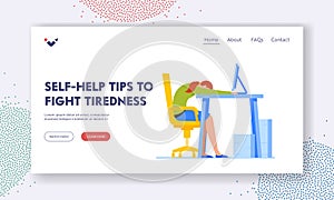 Self Help Tips to Fight Tiredness Landing Page Template. Exhausted Office Worker Professional Burnout, Overwork Symptoms
