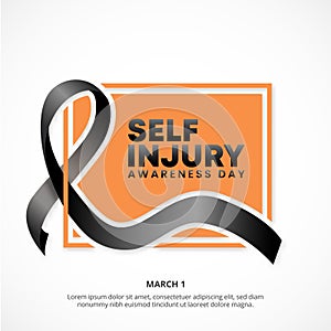 Self injury awareness day background with a black ribbon and square orange background