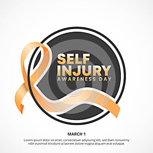 Self injury awareness day background with an orange ribbon and black round background