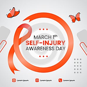 Self-injury awareness day banner with rounding ribbon and butterflies