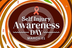 Self Injury Awareness Day orange background design with ribbon and shapes along typography.