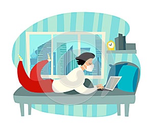 Self-isolation man with laptop working at home vector illustration