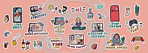 Self isolation from virus pandemia cartoon flat hand drawn stickers set. Stay home, stay safe, read, play console games