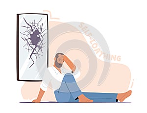 Self Loathing and Anger. Depressed Unhappy Man Sit on Floor with Broken Head near Cracked Mirror. Mind Health Problem photo