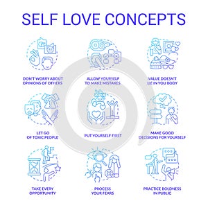 Self love blue gradient concept icons set