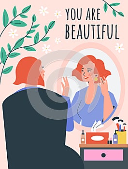 Self love and care poster, woman looking in the mirror, you are beautiful inscription, flat vector illustration.