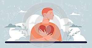 Self love concept banner, man hugging heart, self care, psychological help, healing from trauma, mental calmness. Vector